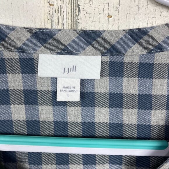 J. JIll flannel pullover tunic top shirt gingham check henley blue gray large - Picture 2 of 6